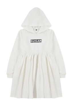 Ekru K?z Cocuk Mevsimlik-Ince Slogan Desenli Kapusonlu Pamuklu Orme Elbise TKDAW25EL00012 - Trendyolmilla фото 4
