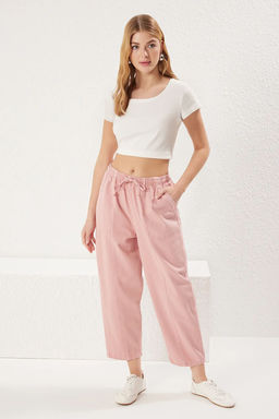 Gul Kurusu Beli Lastikli Balon Paca Slouchy Dokuma Pantolon TWOSS25PL00075