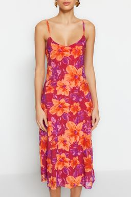 Pembe Cicek Desenli Y?rtmac Detayl? Astarl? Tul Ask?l? Belden Ac?lan Midi Elbise TWOSS23EL01453 - Trendyolmilla фото 4