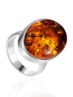 Кольцо с крупной вставкой из натурального коньячного янтаря Глянец