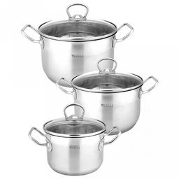 Набор кастрюль из нержавеющей стали Kelli 3 предмета: 2л, 2,6л, 3,6л, стеклянная жаропрочная крышка, пароотвод, ручки из нержавеющей стали, 5-ти слойное капсульное дно, цветная коробка (Китай) Подходит для всех видов плит, включая индукционную.