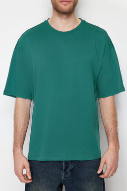 Zumrut Yesili Oversize/Genis Kesim Basic %100 Pamuklu Tok Kumas T-shirt TMNSS22TS0318