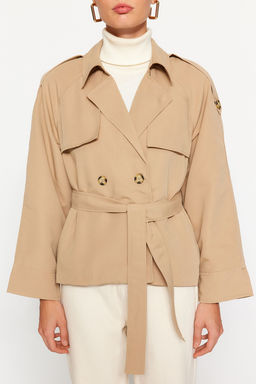Bej Oversize Genis Kesim Kemerli Trenckot TWOAW24TR00011