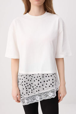 Ekru D_z Oversize/Geni_ Kal_p Puantiyeli Dantel Detayl_ _rme T-Shirt TWOSS26TS00337 - Trendyolmilla фото 3