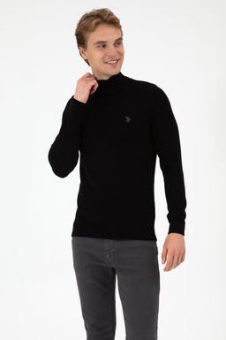Erkek Slim Fit Bo_azl_ Siyah Basic Kazak