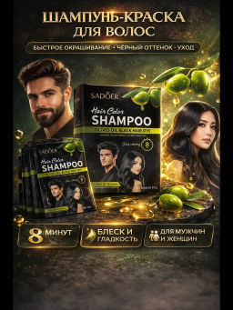 Краска для волос шампунь 2в1 (черный с оливковым маслом) - Sadoer фото 4