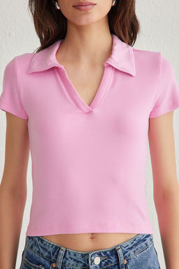 Ac?k Pembe Duz Fitted/Vucuda Oturan Polo Yaka Orme Bluz TWOSS25BZ00003