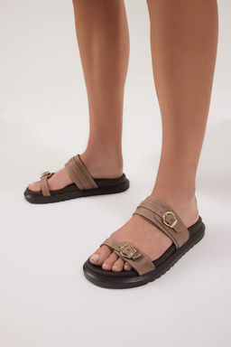 Trendyol Shoes Leopar Cift Tokal? Kahverengi Kal?n Taban Kad?n Terlik TAKAW25TE00009