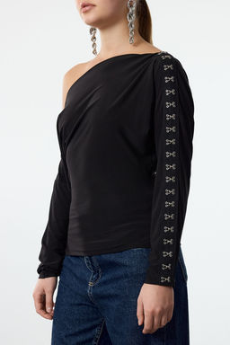 Trendyolmilla Siyah Kay?k Yaka Agraf Detayl? Orme Bluz TPRAW25BZ00025 фото 3