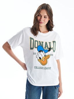 Bisiklet Yaka Donald Duck Bask?l? K?sa Kollu Oversize Kad?n Ti??rt