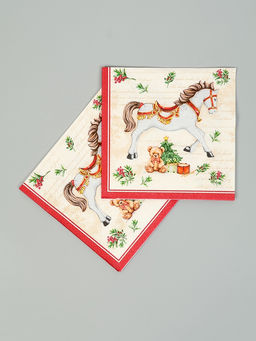 Цена за 5 шт. Салфетки бумажные трёхслойные Новогодняя лошадка. кремовый фон, 24?24, 25 шт.
