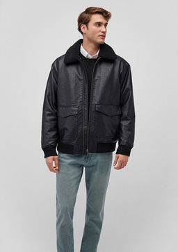 Suni Kurk Detayl? Siyah Suni Deri Ceket - Mavi фото 2