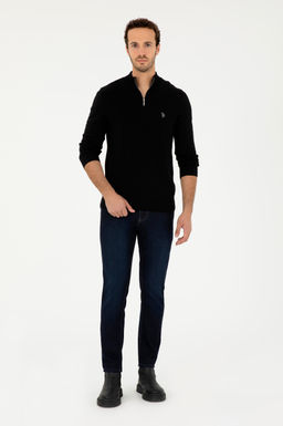Erkek Slim Fit Yar_m Fermuarl_ Siyah Basic Kazak