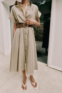 VESTIDO MIDI POPEL?N CINTUR?N / Beige claro - Zara фото 2
