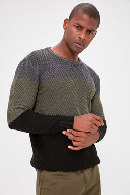 TRENDYOL MAN Indigo Regular Bisiklet Yaka Renk Bloklu Kazak TMNAW20LS0026