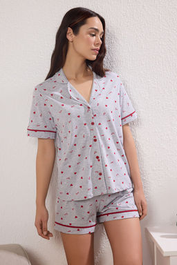 Trendyolmilla Gri Melanj %100 Pamuklu Kalpli ve Sloganl? Sortlu Orme Pijama Tak?m? THMSS25PT00405