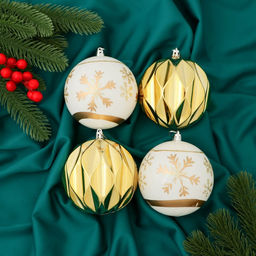 Ёлочные игрушки Праздничные узоры, шары новогодние, d=10 см, набор 4 шт., грани, золотисто-белый