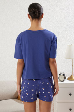 Lacivert %100 Pamuklu Ay?c?k ve Y?ld?z Desenli Sortlu Orme Pijama Tak?m? THMSS25PT00081