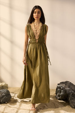 Trendyolmilla Haki Maxi Dokuma %100 Keten Buzgu Detayl? Plaj Elbisesi TBESS25EL00105