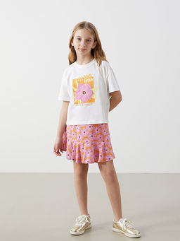 Bisiklet Yaka ?i?ekli K?z ?ocuk Ti??rt ve Etek