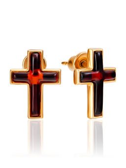 Позолоченные серьги-пусеты с янтарными крестиками London