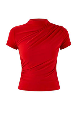 K?rm?z? Drapeli Fitted/Vucuda Oturan K?sa Kollu Dik Yaka Esnek Orme Bluz TWOSS24BZ00426