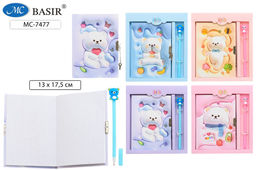 Блокнот детский, с замком, в подар.коробке, 18*13 см + шариковая ручка (MC-7477) "Мишки", жестк.обл., 48л.