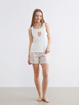 U Yaka Bask?l? Kad?n ?ortlu Pijama Tak?m?