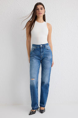 Mavi Y?rt?k Detayl? Yuksek Bel Duz Kesim Straight Jeans TWOSS25JE00155 - Trendyolmilla фото 2