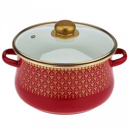Набор эмалированных кастрюль "Ажурный" 3 предмета: 2л, 3л, 4л, цилиндрическая форма, стекляннеая крышка с пластмассовой ручкой, ободок из нержавеющей стали, бордовый (Россия)