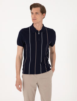Lacivert Slim Fit Polo Yaka Fermuarl_ Triko Ti__rt