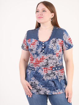 Футболка СИМАН с цветами и принтом клетка - Almond фото 2