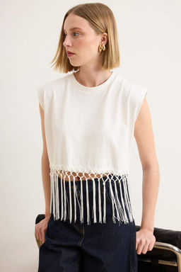 Ekru Duz Oversize Bisiklet Yaka Kolsuz Uzun %100 Pamuk Orme T-Shirt TWOSS26TS00256