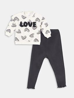 Bisiklet Yaka Bask?l? K?z Bebek Sweatshirt ve Tayt 2li