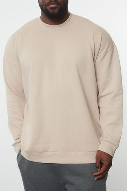 Bej B_y_k Beden Bisiklet Yaka Oversize/Geni_ Kesim S_rt Bask_l_ __i Polar Sweatshirt TMNAW24AO00004