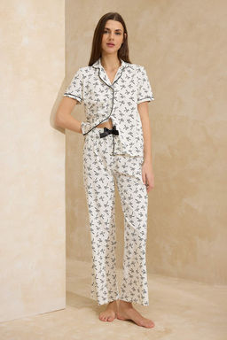 Beyaz %100 Pamuklu Kurdele Desenli Biyeli Orme Pijama Tak?m? THMSS26PT00026