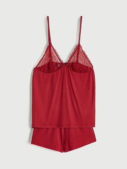 V Yaka Dantel Detayl? Kad?n ?ortlu Pijama Tak?m?