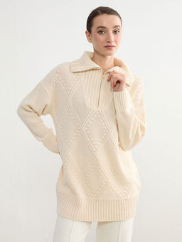 Polo Yaka Baklava Desenli Kad?n Triko Tunik