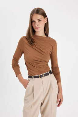 Женская облегающая повседневная футболка с узким вырезом и длинным рукавом - Defacto фото 3