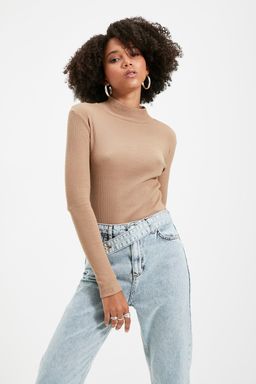 Vizon Fitted/Vucuda Oturan Dik Yaka Uzun Kol Fitilli Esnek Orme Bluz TWOAW21BZ0423