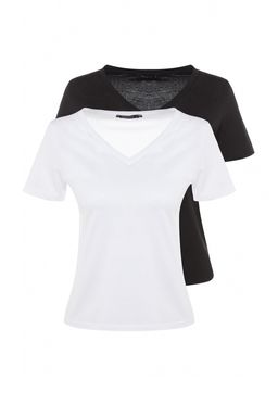 Siyah-Beyaz %100 Pamuk 2li Paket Basic V Yaka Orme T-Shirt TWOSS23TS00002