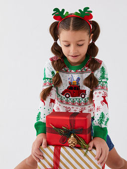 Bisiklet Yaka Y?lba?? Temal? Uzun Kollu K?z ?ocuk Triko Kazak