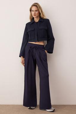 Lacivert Wide Leg umusak Kumasl? Pilili Esnek Orme Pantolon TWOAW26PL00138