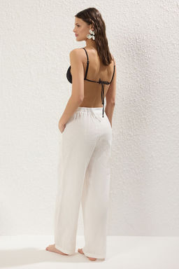 Plaj Giyim %100 Pamuk Ekru Dokuma Baglama Detayl? Yuksek Bel Pantolon TBESS25PL00010