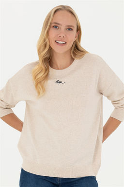 Женский кремовый меланжевый свитер с v-образным вырезом - U.s. polo assn фото 3