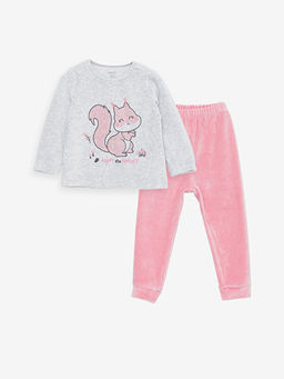 Bisiklet Yaka Uzun Kollu Bask?l? Kadife K?z Bebek Pijama Tak?m?