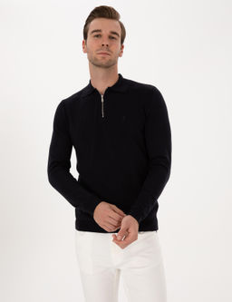 Lacivert Regular Fit Pamuk Kar___ml_ Fermuarl_ Polo Yaka Basic Triko Kazak