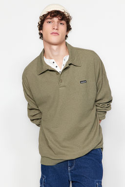 TRENDYOL MAN Siyah Erkek Oversize/Genis Kesim Etiketli Dokulu Pamuklu Polo Yaka Sweatshirt TMNAW24SW00224 - Trendyolmilla фото 3