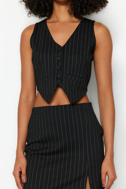Siyah Regular Dugme Detayl? Cizgili Crop Yelek TWOSS23YE00037
