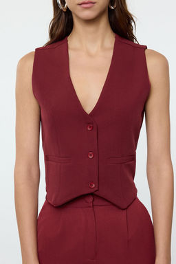 Bordo Dugmeli Crop Dokuma Yelek TWOSS22YE0053
